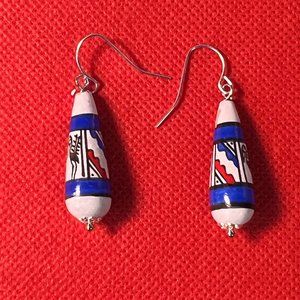 Vintage Peruvian Hand Painted Beaded Tear Drop Earrings Silver Tone French Hooks